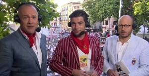 Me, centre, doing commentary immediately after the run (hence the sheen of sweat) Photo courtesy of NBC-Universal